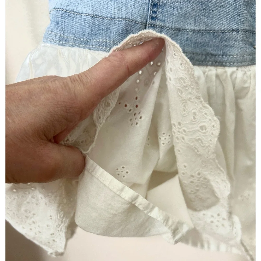 OshKosh B'gosh Overall Dress Denim Eyelet 5T Blue White Cottagecore
